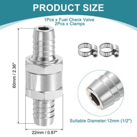 uxcell 12mm (1/2") Fuel Check Valve, Non-Return One Way Check Valve With Clamps, Aluminum Alloy Control Accessories for Petrol, Diesel, Gas, Oil, Air, Water, Silver
