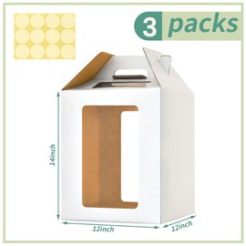 Hzzycaxli 3 Pack Tall Cake Boxes for Tier Cakes,12 x12x14 Inches Large Tiered Cake Carriers with Windows,10in 12in Disposable Layer Tall Baking boxes with Handle for Birthday,Wedding,Party