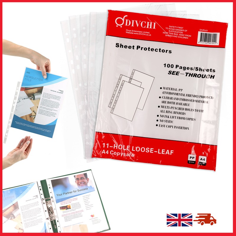 DIVCHI 100 Pcs A4 Clear Plastic Punched Punch Pockets for