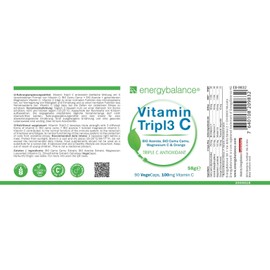 EnergyBalance Vitamin C Tripl3 C - Kapseln mit Vitaminen und Mineralen, Antioxidantien - 3 Vitamin C Formen in 1-100% reine Zutaten - Vegan, ohne Zusätze - 90 VegeCaps à 100 mg
