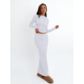 Trendy Queen 2 Piece Skirts Sets for Women Long Sleeve Crew Neck Crop Tops Bodycon Maxi Matching Clothes White S