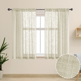 Linen Curtains for Bedroom 48 Inch Length 2 Panels Semi Sheer Light Filtering Rod Pocket Short Sheer Curtain for Kitchen Bathroom 36 x 48 Inches Long Tan Beige