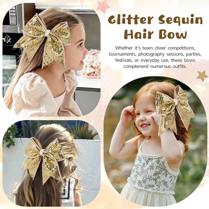 OAOLEER 2PCS Glitter Cheer Hair Bow Clips for Girls (Gold)