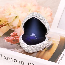 Naimo Full Rhinestone Heart Shaped Ring Box Velvet Holder Jewelry Box Organizer Display Case with LED Light for Proposal Engagement Wedding Birthday Gift