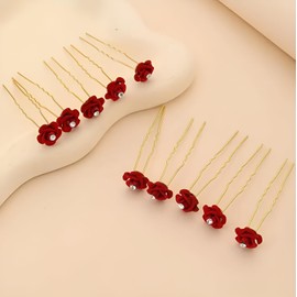 PACTIV 10pcs Bridal Hair Accessory Set - Romantic Rhinestone Rose Flower U-Shaped Clips for Wedding & Party Hairstyling 1 count (Pack of 10) rose red