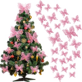 Charniol 36 piezas de adornos de árbol de Navidad de mariposas de 3 tamaños, adornos de mariposas huecas con purpurina, decoraciones colgantes con cli
