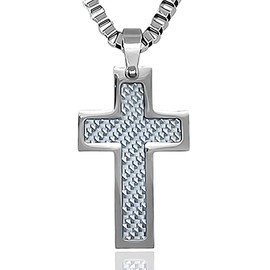 RUGGED steel Men's Stainless Steel Cross Pendant Necklace in Carbon Look (Including Jewellery Box), Stainless Steel