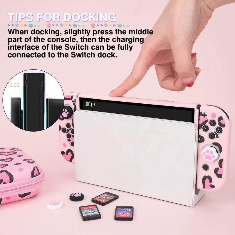 DLseego Pink Love Leopard Carrying Case for Switch OLED, Cute