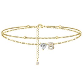 TCXOO Anklets Bracelets for Women 14k Gold Plated Waterproof CZ Initial Anklet for Women Layered Letter Heart Ankle Bracelets Beach Adjustable Foot Chain