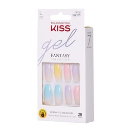 KISS Gel Fantasy Ready-to-Wear Press-On Gel Nails, “It's Destiny”, Long, Multi-Colored Pastel Tips, Nail Kit with 24 Mega Adhesive Tabs, Pink Gel Glue, Manicure Stick, Mini File, and 28 Fake Nails