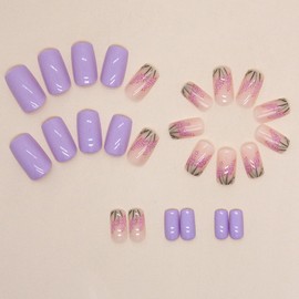 Square Press on Nails Medium Fake Nails with Lavender Floral Designs Glossy Glue on Nails Summer Acrylic Nails Purple Full Cover Artificial Stick on Nails for Women 24Pcs