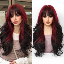 Rojo Vino Pelucas Mujer Dama Larga Ondulada Cabello Natural