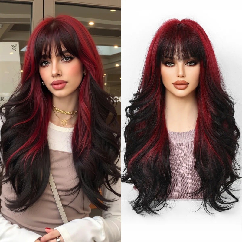 Rojo Vino Pelucas Mujer Dama Larga Ondulada Cabello Natural