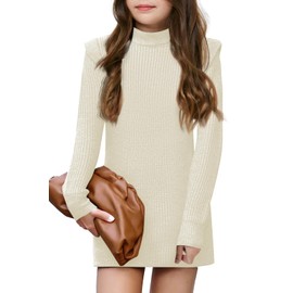 Haloumoning Girls Long Sleeve Sweater Dress Kids Casual Crewneck Knitted Pullover Jumpers 5-14 Years Rice White