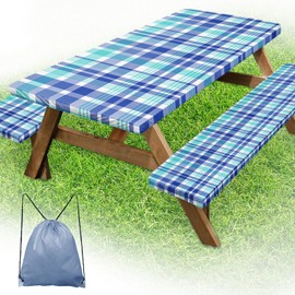 Britown Picnic Table Cover with Bench Covers Elastic Edges, Blue Camper Fitted Table Cover, Outdoor Patio Camping Essentials 72 Inch 3PCS, Waterproof Camping Fitted Tablecloth with Drawstring Bag