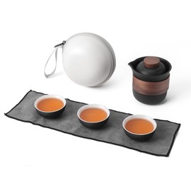 Mini Travel Ceramic Tea Pot Set Chinese Kung Fu Teapot, 1 Pot 3 Cups Porcelain Teacups with Tea Infuser Portable Bag for Home Office Outdoor Picnic Black