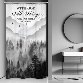 Riyidecor Bible Verse Quotes Scriptures Shower Curtain for Bathroom Decor 36Wx72H Misty Forest Christian Small Stall Rv Narrow Half Single Art Printed Fabric Polyester Waterproof 7 Pack Plastic Hooks