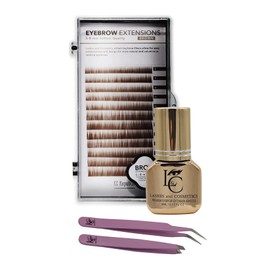 KC Republic Lash Eyebrow Extensions Kit with 1 x Trays of Mink False Eyebrows in Brown Comes on Mixed Length Trays 5-8 Mm Mix, Eyebrow Glue Clear & Dual Pack (Straight & Curved Tip) Extension Tweezers