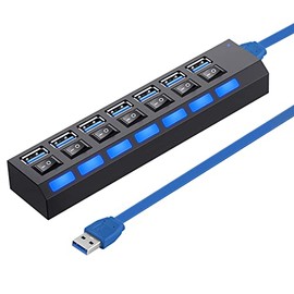 Multi Port USB Splitter，7 Port USB 3.0 Hub, USB A Port Data Hub with Independent On/Off Switch and LED Indicators, Lights for Laptop, PC, Computer, Mobile HDD, Flash Drive and More (Black)
