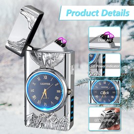 Electric Lighter with Clock YOZWOO USB Rechargeable Lighter with LED Light, Plasma Dual Arc Lighters with LED Power Display for Candle, Cool Lighters Gifts for Men and Women (Silver-Eagle)