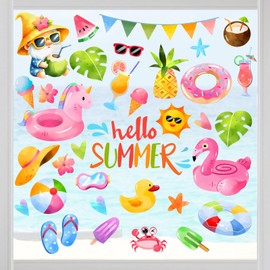 Yovkky Hello Summer Window Clings 4 Sheets, Tropical Gnome Flamingo Swim Rings Sun Ice Cream Popsicle Stickers Decals Decor, Hawaii Fruit Juice Flip Flops Hat Ball Home Kitchen Decorations