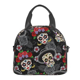 Perinsto Sugar Skulls Day Of The Dead Lunch Bag Reusable Insulated Lunch Tote Bag Lunchbox Container With Adjustable Shoulder Strap For Office Work School Picnic Travel