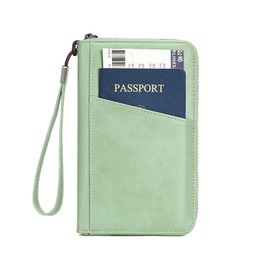 Passport Holder Wallet for Family | RFID Blocking | Travel Document Organizer Clutch Bag with Wristlet for Women Men (Green)
