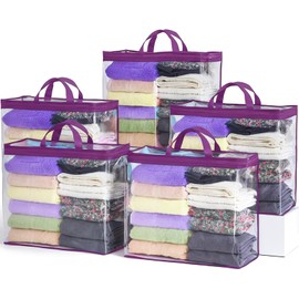 Clear Zippered Storage Bag Foldable Storage Bag, 22L Clear Storage Bags for Clothes, and Blanket Storage Bags for Bedding, CDs, Blankets, Comforters, Clothing & Toys (Purple, 5-pack)