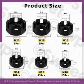 Swpeet 60Pcs 6 Sizes Black Grade 4.8 Carbon Steel M10 M12 M14 M16 M18 Hexagon Slotted Nuts Assortment Kit, Hex Castle Nuts Hex Nuts for Moto Car Furniture Fasteners Repair