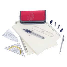 Facile Scriptum High Quality Compass Set (Red) - 13 Piece Geometry Set - Compass with Quick Adjustment, Metal Fine Lead Pencil, Set Square, Eraser and Much More - Math Set with Case