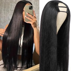 CanaryFly 250% Density U Part Human Hair Wigs, Upgrade U Part Wigs with Drawstring for Black Women Glueless Straight Human Hair None Lace Front Wig, Beginner Friendly,Natural Black(22inch)