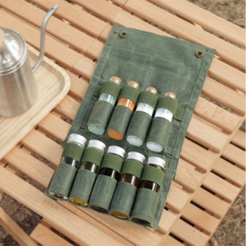 Outdoor Spice Bottle Bag Foldable 9 Pockets Portable Canvas Seasoning