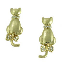 Lilylin Designs Gold-plated Cat with Moving Tail and Crystal Collar and Bow Clip On Earring