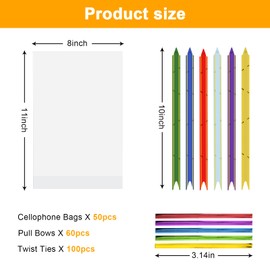 Weithewei Cellophane Bags, 8 * 11 Inch 50pcs Clear Cellophane Bags with 60pcs Colorful Pull Bows&100pcs Colorful Ties,Flat Bottom Clear Cookie Bags for Packing Goods of Christmas, Birthday.