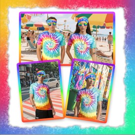 6-piece hippie costume men, 60s 70s outfit men's with colourful T-shirt, peace necklace, hippie sunglasses, headband, bracelet, necklace, for all types of festive gatherings