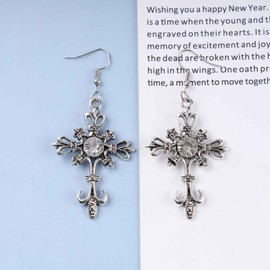 Allereya Vintage Crystal Cross Dangle Earrings Embossed Cross Drop Earrings Silver Cz Retro Cross Earrings Rhinestone Cross Hook Earrings Jewelry for Women and Girls (White)