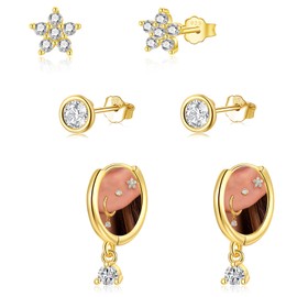 Earrings Gold Earrings Silver 925, 3 Pairs Stud Earrings Silver 925 14K Gold-Plated Earrings Studs for Multiple Piercings Tragus Sleeping, Hypoallergenic Earrings Set for Women Girls, Gold-plated,