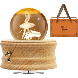MJKOPEE Crystal Ball Music Box, 360° Rotating Wooden Music Box, Princess Ballet Night Light, Music Box with Warm Projection Light for Christmas, Birthday, Valentine's Day Gift