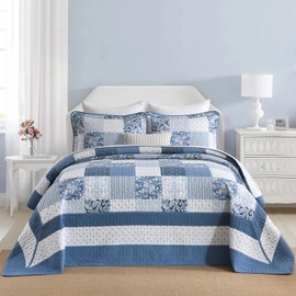 FineStichery 100% Cotton King Bedspread 120x120, Oversized Quilt Set, Farmhouse Extra Large Coverlet, Plaid Botanical and Paisley Pattern, Lightweight, Reversible, 3 Piece, Blue/White