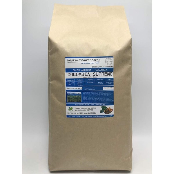 12.5 Pounds – South American - Colombia Supremo – Unroasted Arabica Green Coffee Beans – Grown in Risaralda Region – Altitude 1400-1750M – Drying/Milling Process Is Washed/Sun Dried