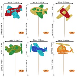ZHUOWEISM 24 piezas de decoración de aviones para magdalenas, aviones con purpurina, para aviones, temática de aviones, baby shower, niños, fiesta de cumpleaños, decoración de pasteles
