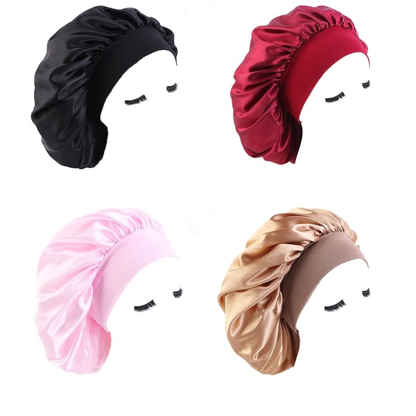 4Pcs Silk Bonnet Satin Bonnet，Hair Bonnets for Sleeping Long Hair Silk Hair Warp for Women Soft Wide Band Night Sleep Cap for Girls Kids