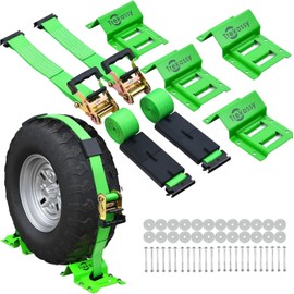 Trekassy Wheel Chock Tie-Down Kit with Rubber Blocks, (4,500lb Break Strength) Heavy Duty E Track Trailer Tire Straps for ATV, UTV, Lawn Mower- 2 Pack