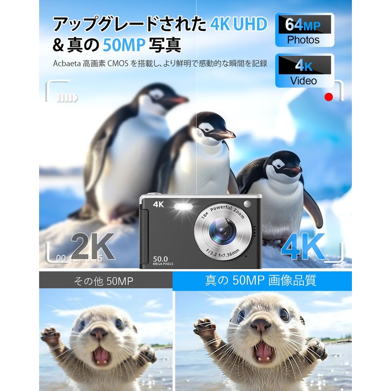 Digital Camera (UHD 4K Video Recording, Upgraded True 50MP Images)