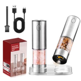 Fzaqwen Electric Salt and Pepper Grinder Set Rechargeable - Automatic Pepper Mill Grinder with Adjustable Coarseness and LED Light Refillable Stainless Steel Condiment Shakers Larger Capacity 2 Pack