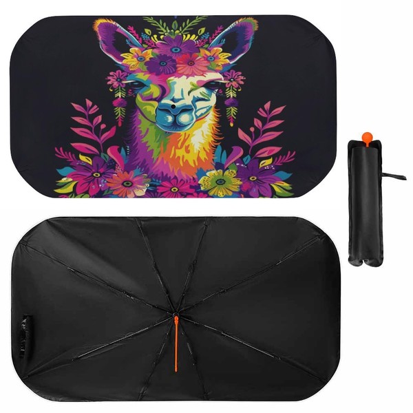 Buyidec Car Windshield Sunshade Umbrella Llama Colorful Foldable Car Windshield