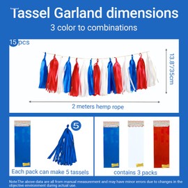 AimtoHome Red White Navy Paper Tassel, 15 Pack, Party Decorations for Birthday, Baby Shower, Sprot Game,Graduation