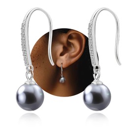 Noir Horse Big Black Pearl Drop Silver French Wire Hook Dangle Earrings - White Gold Plated 925 Sterling Silver, Cubic Zirconia Diamond and Pearl Dangle, Wedding Earrings for Brides Bridesmaids