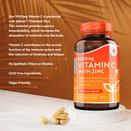 Vitamin C and Zinc Tablets - High Strength Vitamin C 1000mg with Albion® Zinc 15mg for better Absorption - 7 Month Supply - Vit C Zinc Supplements for Normal Immune System - 210 Vegan Tabs - Nutravita