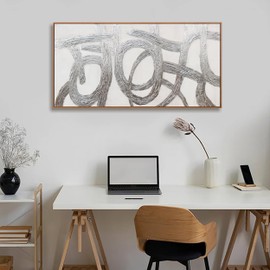 Abstract Wall Art Silver Abstract Minimalist Line Graffiti Framed Small Size Home Artwork Decor Modern Minimalist Canvas Painting Living Room Decor For Bedroom Office Apartment Wall Decor 20"X40"